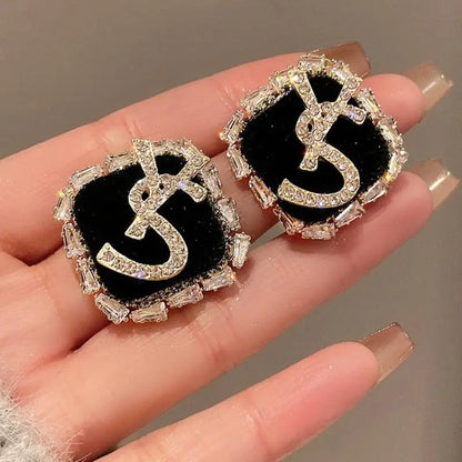 Boucles d'oreilles à tige classiques en strass avec lettres YS pour femmes, boucles d'oreilles tendance en zircon noir de luxe, bijoux de fête de bureau, accessoires cadeaux