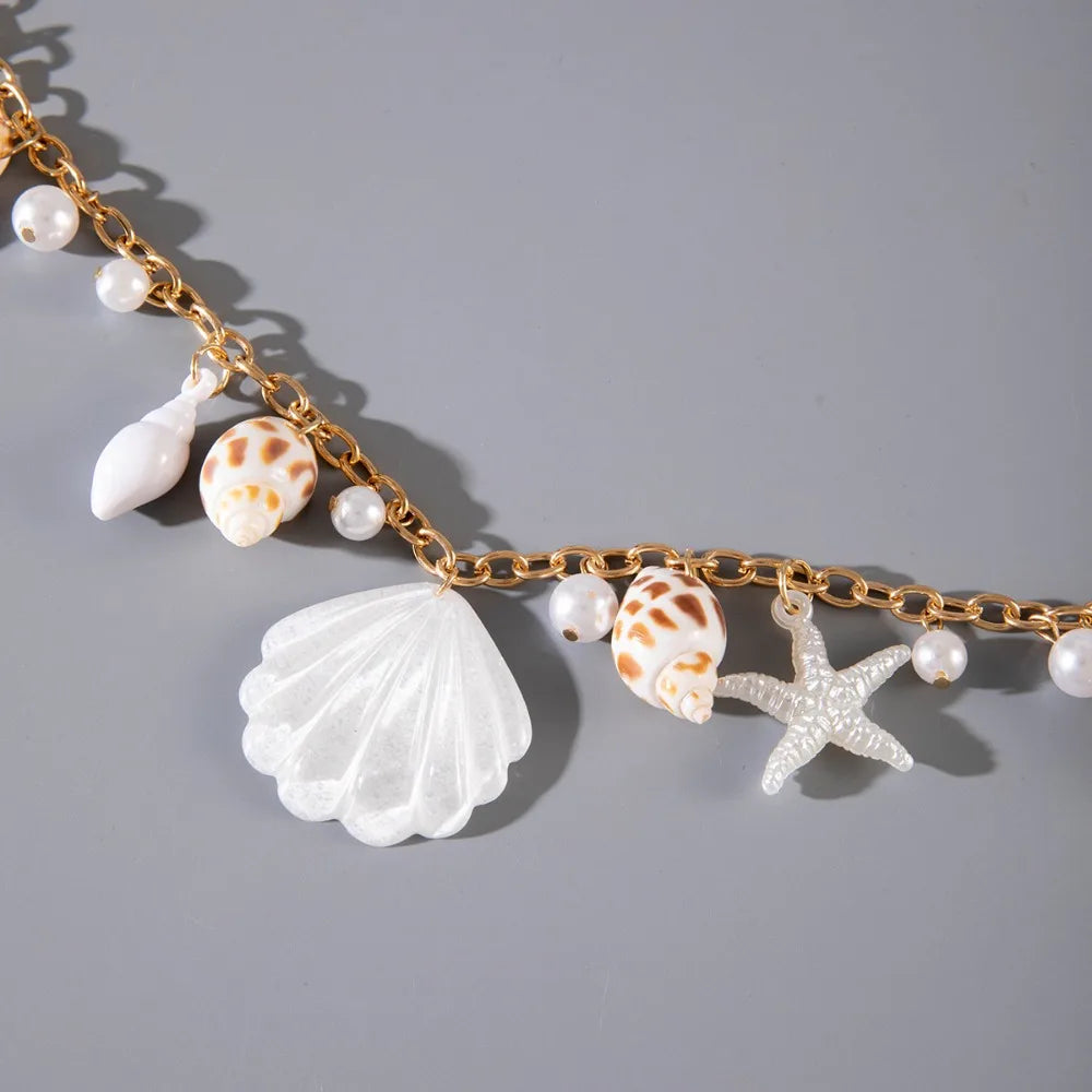 Chaîne de taille bohème d'été, pendentif en forme d'étoile de mer, coquillage, lien de taille ajouré, chaîne de corps pour bikini de plage pour femmes