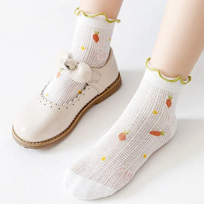 5Pairs/Set Sweet Baby Girl Socks Summer Breathable Mesh Short Sock for Toddler Korean Print Ruffled Cotton Kids Socks