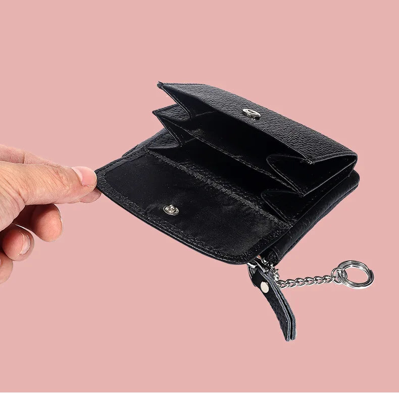 2023 New Genuine Leather Women Mini Wallet Ladies Short Wallets and Purses Zipper Leather Coin Purse Keychain Coins Pocket Bag