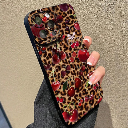 Leopard Cherry Pattern TPU Phone Case For iPhone 16 Cases iPhone 15 14 13 12 11 Pro Max XS X XR 7 8 Plus SE2 Soft Silicone Cover