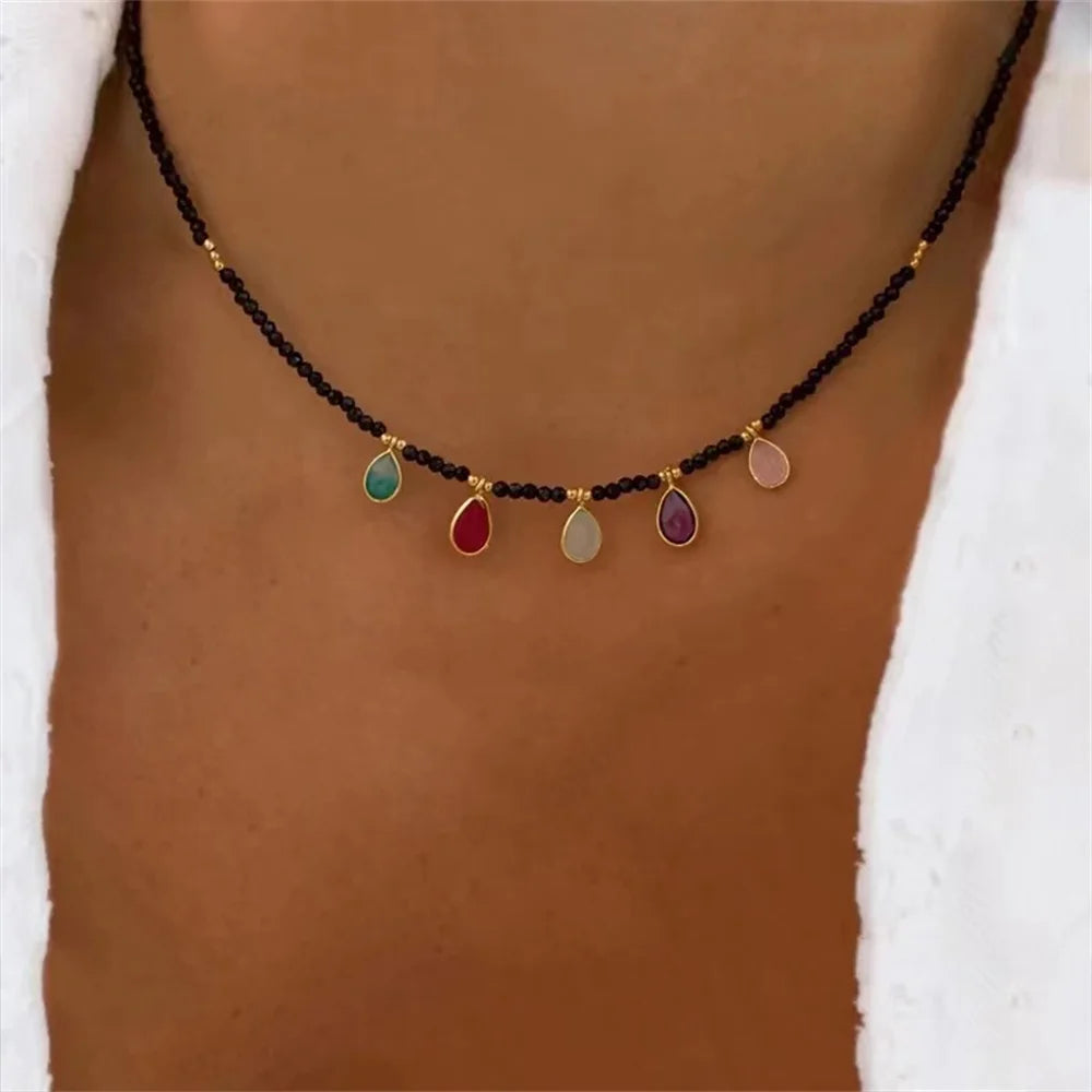 Summer Fashion Multilayer Handmade Mixed Chain For Woman Bohemian Necklaces Water Droplet Crystal Pendant Jewelry Gift 2023 New