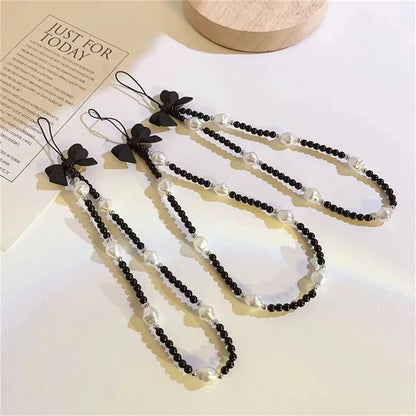 Retro Bowknot Pearl Phone Charm Strap Flower Bead Pendant Korean Bracelet For iPhone Samsung Accessories Hanging Rope For Girl