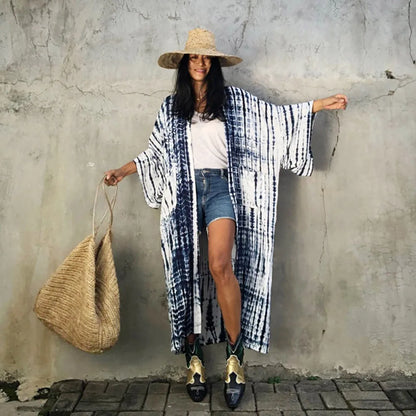 2023 Women Swimsuit Pareo Beachwear Boho Striped Print with Belt Short Sleeve Tunic Cardigan Summer Sexy Kimono Bikini Cover Up