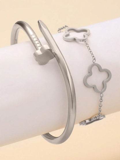 1 Set Fashion Light Luxury Stainless Steel Four Leaf Flower Bracelet, Suitable for Women Daily and Party Wear Gift for Friends