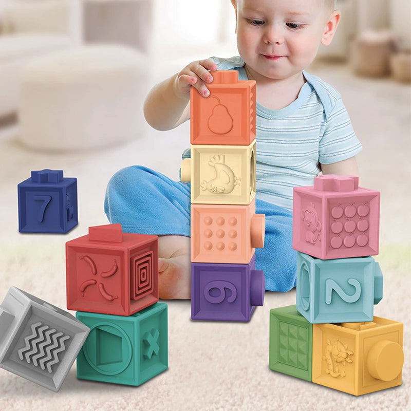 Baby Soft Rubber Cube Puzzle Montessori Toddlers Touch Early Education Squeeze Stacker Relief Gifts Kids Children Bath Toys