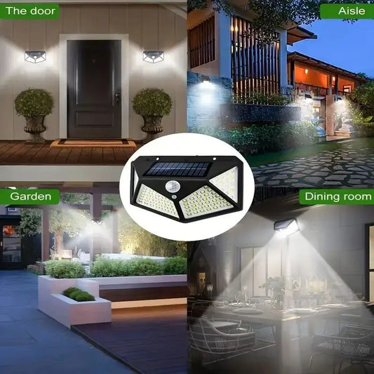 Lot de 1 à 6 lampes murales solaires à 100 LED 1800 mAh, 4 côtés lumineux, avec détecteur de mouvement, éclairage d'extérieur, idéal pour un jardin ou une cour.