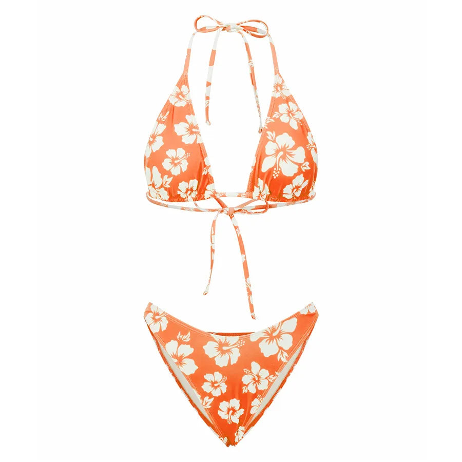 Push Up Bikini Set  For Women Flower Print Sleeveless Bra with Low Waist Briefs Bathing Suit