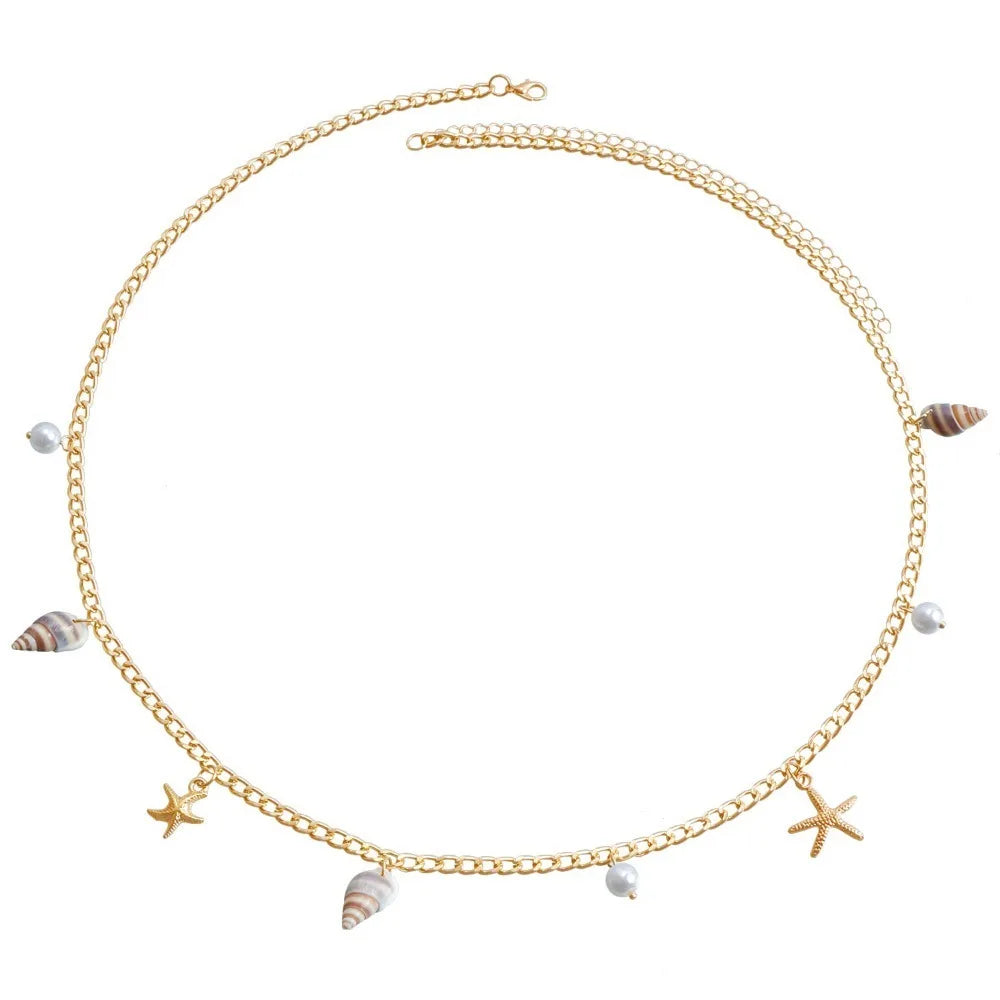Chaîne de taille bohème d'été, pendentif en forme d'étoile de mer, coquillage, lien de taille ajouré, chaîne de corps pour bikini de plage pour femmes