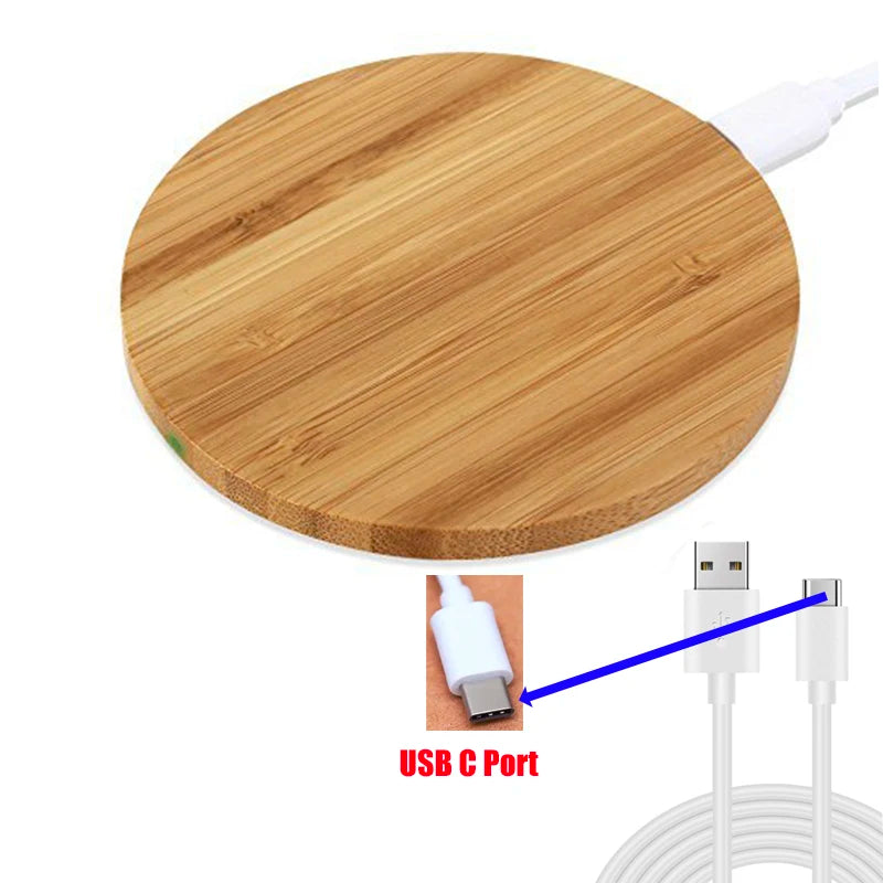 Bamboo Wood 15W Qi Wireless Charger USB C Fast Charging Pad For iPhone 15 14 13 12 Pro Max 11 XS Max X XR 8 Plus Samsung Galaxy