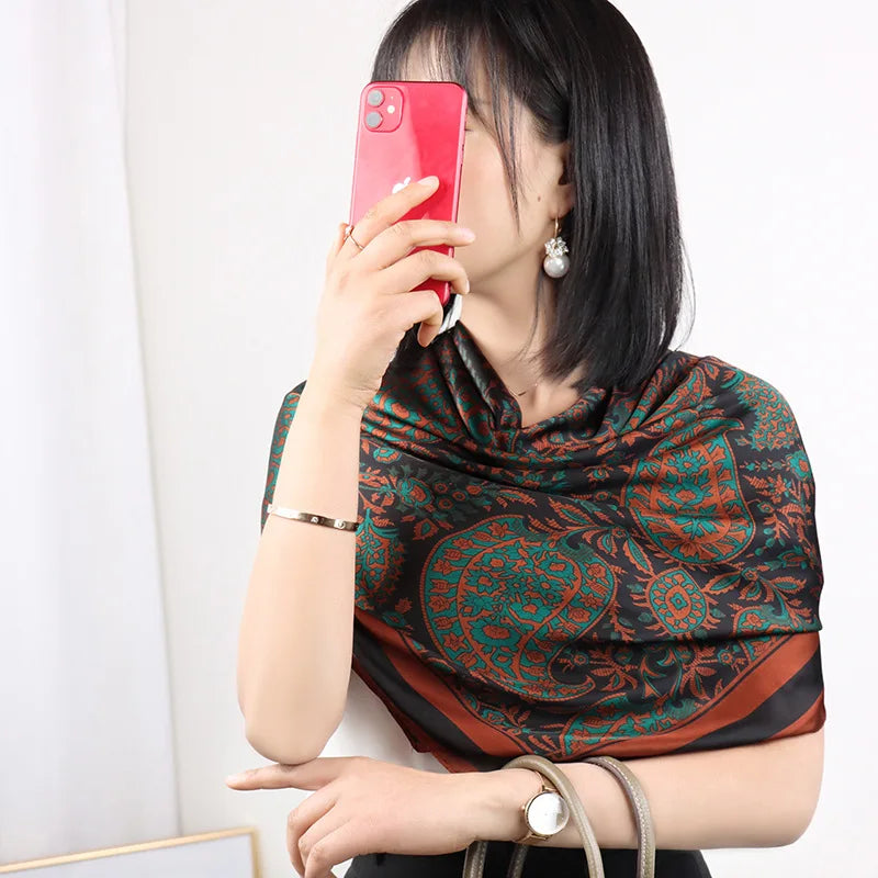 ELAIFRUIHAO Foulard en soie florale pour femme, hijab, bandana imprimé, grand format, carré, 110 cm, en satin