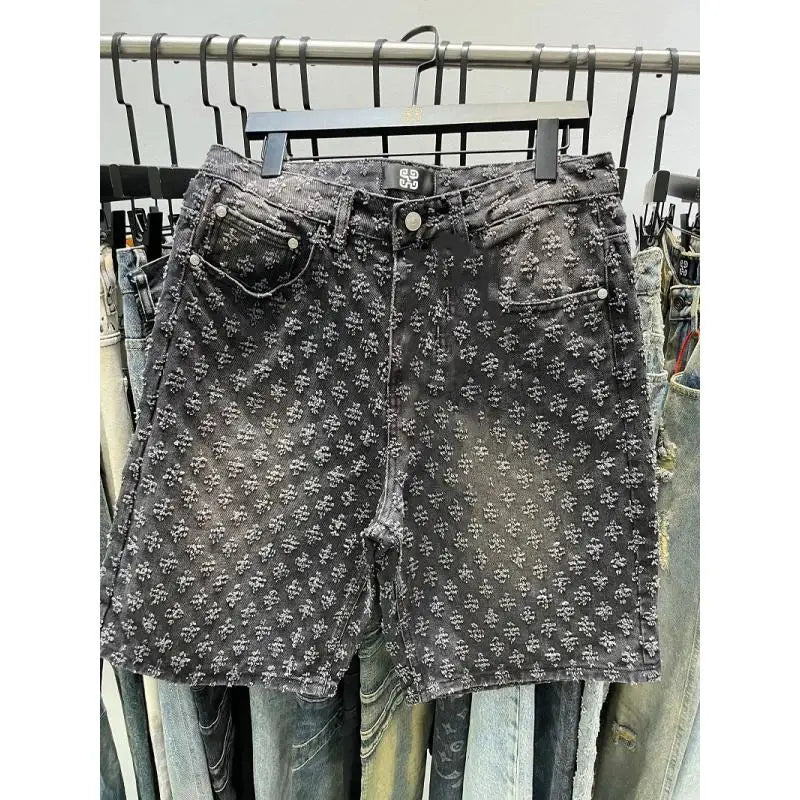 Ccowboy Shorts Men's Summer Workwear Pants Loose Straight Leg Mid Length Pants Elastic Waist American High Street Trendy Shorts