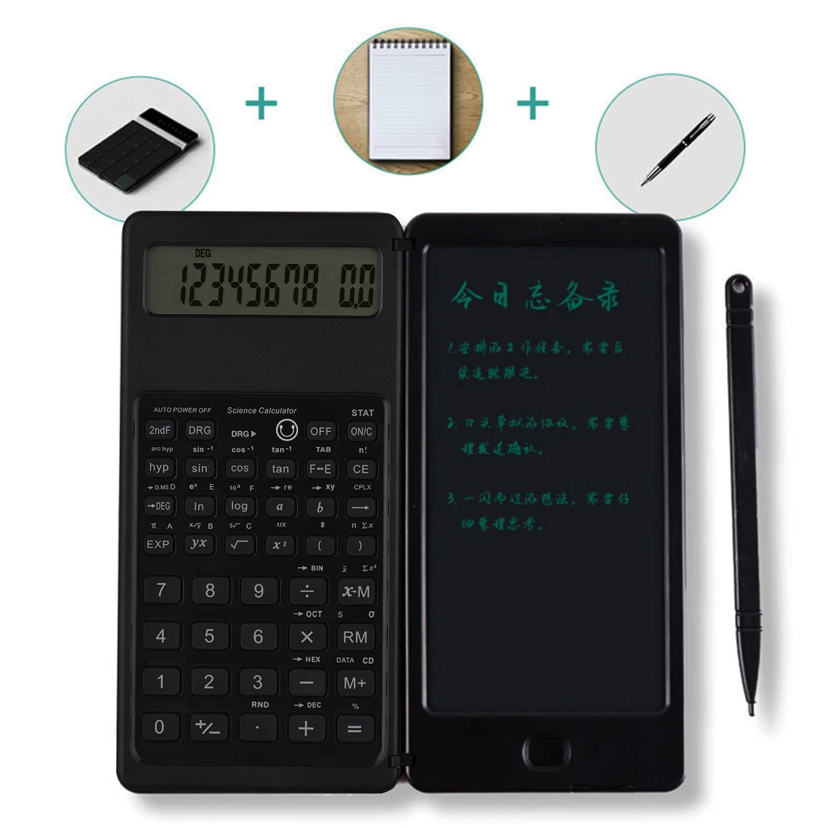 Tablette d'écriture LCD 6 pouces, bloc-notes numérique, calculatrice pliable, écran 10 chiffres, stylet, bouton d'effacement, fonction de verrouillage