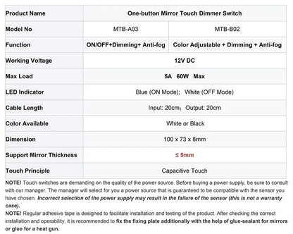 Bathroom mirror touch dimming double touch defogging capacitive touch sensor switch