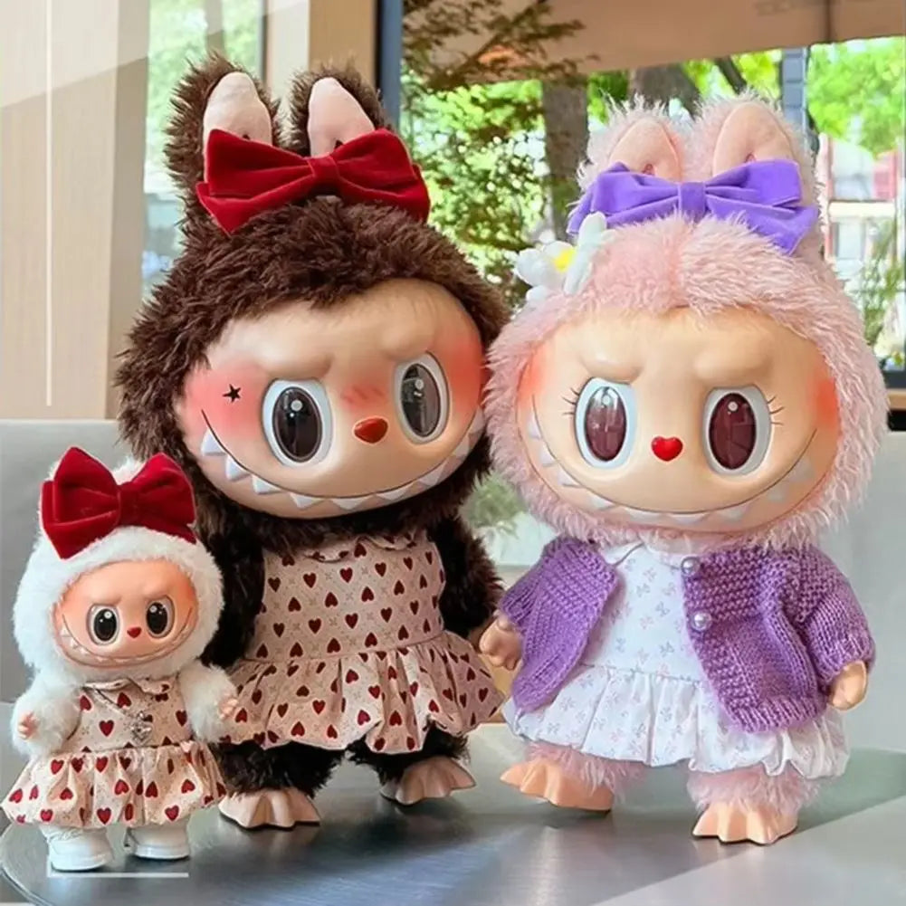 Lovely Bow Heart Flower Bud Skirt Set Decor Dress Sweater Cardigan Outfit Dolls Accessories For 17cm/38cm Labubu Doll Clothes