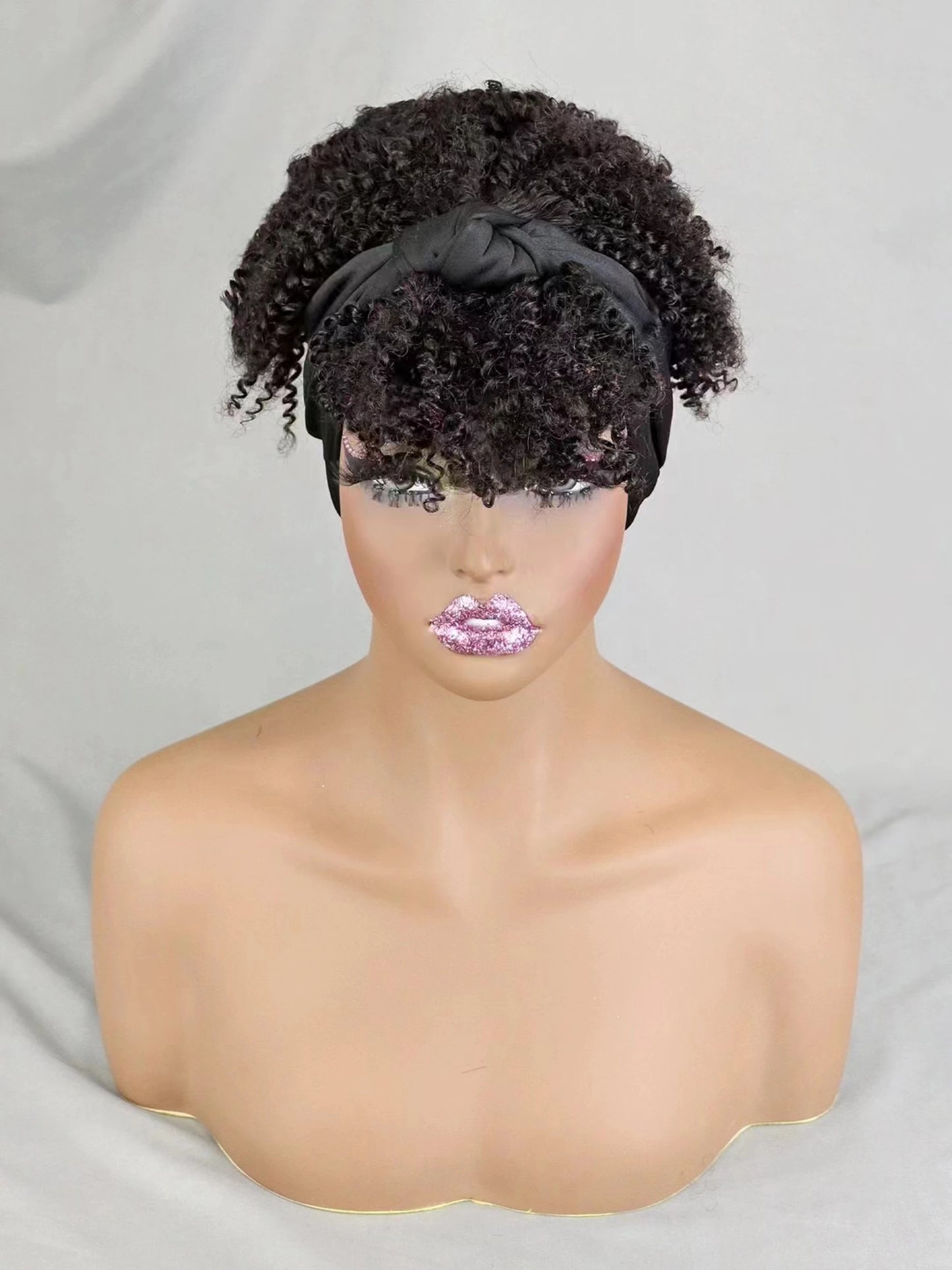 200% Density 1BT30 Afro Kinky Curly Scarf Wig with Bangs Machine Made Wig Curly 100% Human Hair Wig Preplucked for Black Women