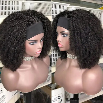 Headband Wig Afro Kinky Curly Wig Human Hair Short Curly Density 250% Full Human Hair Wig With Headband Brazilian Remy