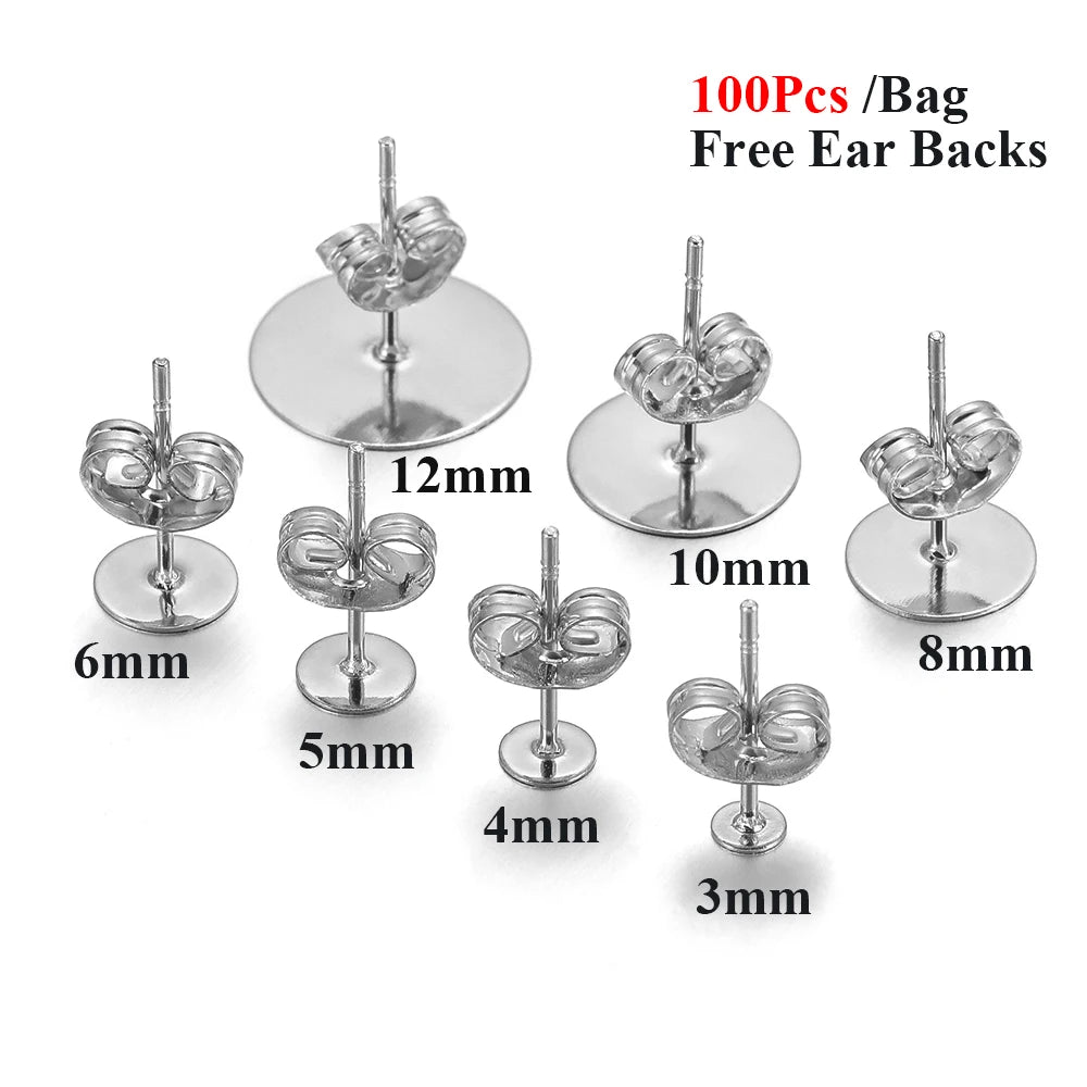 50-100pcs Stainless Steel Water Gold Earrings Studs Base Blank Post Pins Earring Plug Ear Back Findings for DIY Jewelry Making