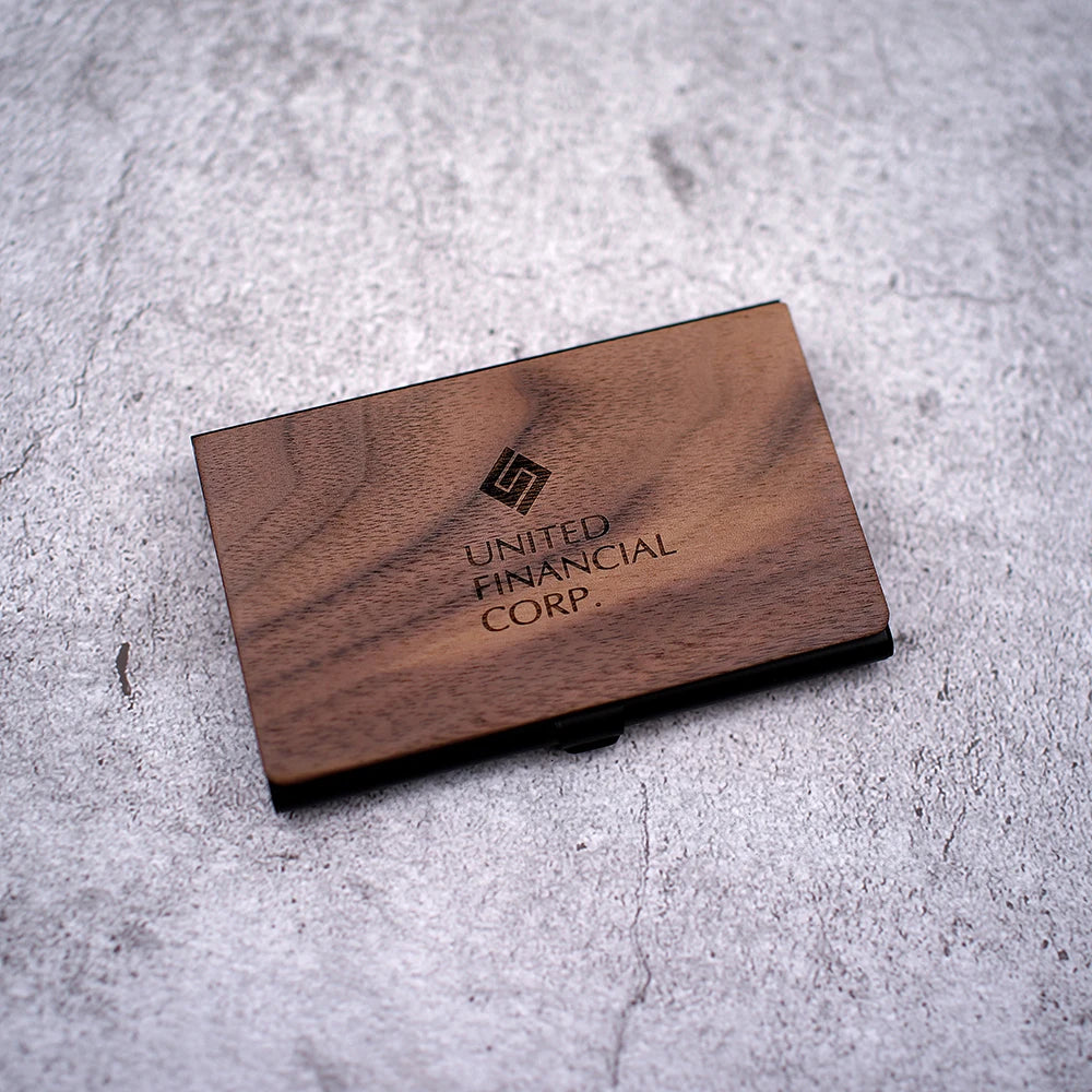 Personalized Wooden Business Card Holder - Custom Logo Wood & Metal Case for Men and Women - Perfect Gift