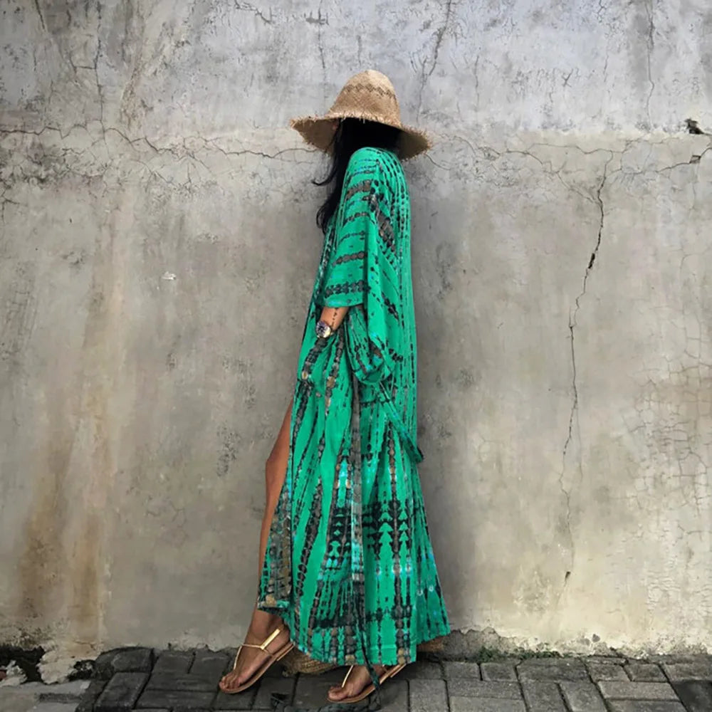 2023 Women Swimsuit Pareo Beachwear Boho Striped Print with Belt Short Sleeve Tunic Cardigan Summer Sexy Kimono Bikini Cover Up