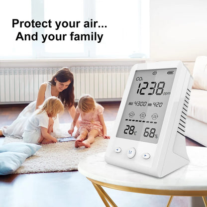 NDIR CO2 Meter Alarm Temperature Humidity Detector Indoor Air Quality Monitor Gas Analyzer with LCD Display USB Rechargeable