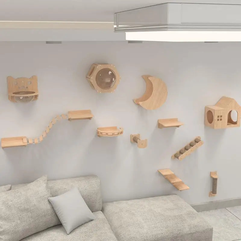 Étagères murales pour chats et échelle en corde, griffoir pour meubles pour chats, plateforme de saut en bois, jeu et sommeil pour chats