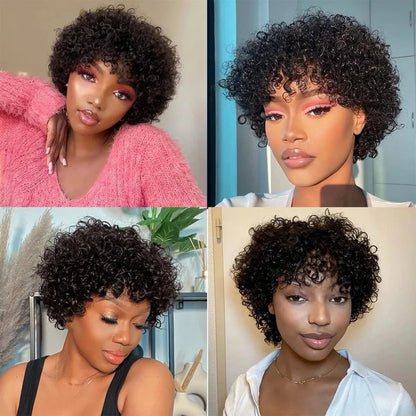 Full Machine Made 8 Inch Short Pixie Curly Bob Wig with Bangs Brazilian Human Hair Bouncy Curl Wig for Women Ready to Go Wig ﻿ ﻿