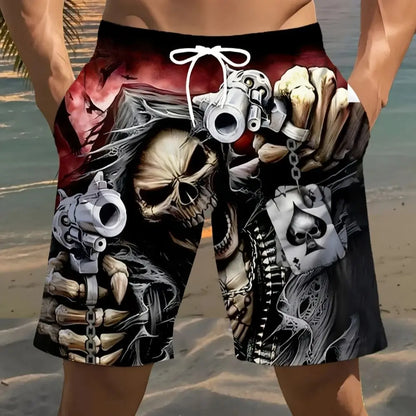 Men's Skull Print Beach Shorts Lightweight Soft Texture Summer Casual Sweatpants Gym Basketball Fishing and Outdoor Activities