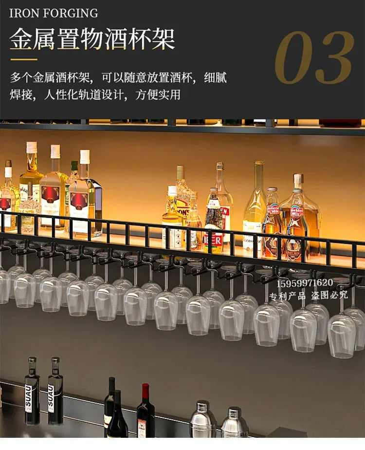 Customized: bar counter wine cabinet against the wall, hanging shelves, industrial style bar, wrought iron display stand,