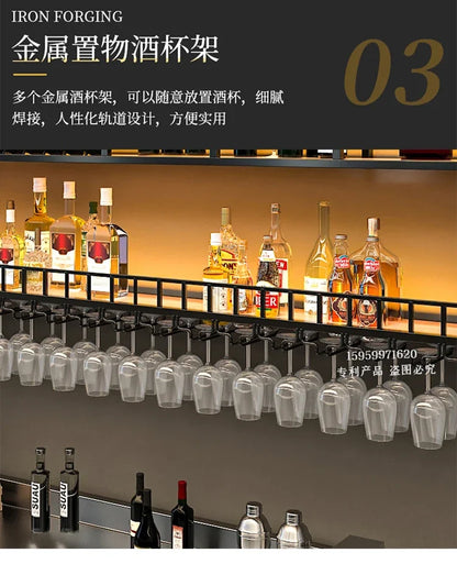 Customized: bar counter wine cabinet against the wall, hanging shelves, industrial style bar, wrought iron display stand,