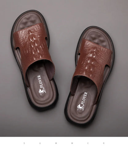 Chaussures d'été pour hommes, sandales en cuir véritable, imprimé crocodile, pantoufles décontractées, tongs à coussin d'air, chaussures de plage cool