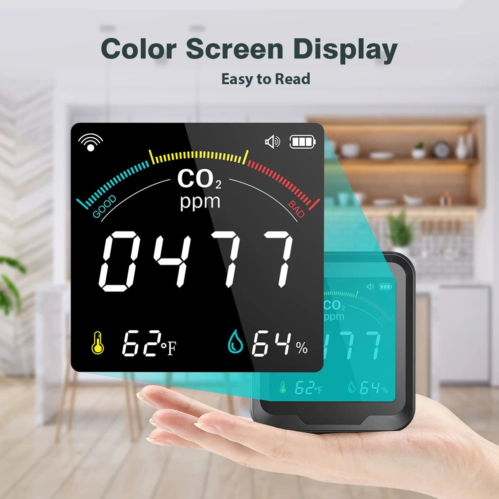 NDIR CO2 Meter Alarm Temperature Humidity Detector Indoor Air Quality Monitor Gas Analyzer with LCD Display USB Rechargeable