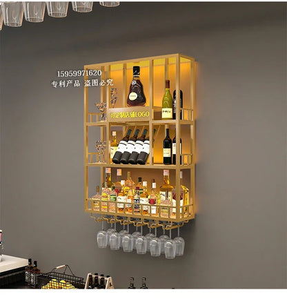 Customized: bar counter wine cabinet against the wall, hanging shelves, industrial style bar, wrought iron display stand,