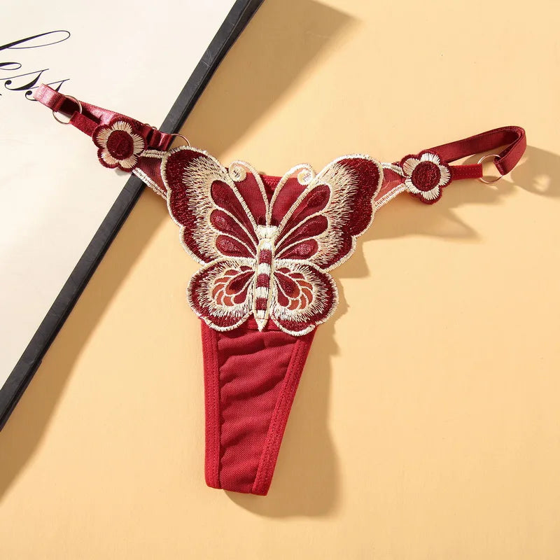 Butterfly Embroidery Thongs G Strings Sexy Underwear Women's Thong Transparent Mesh Panties Adjustable Low Waist Briefs Lingerie