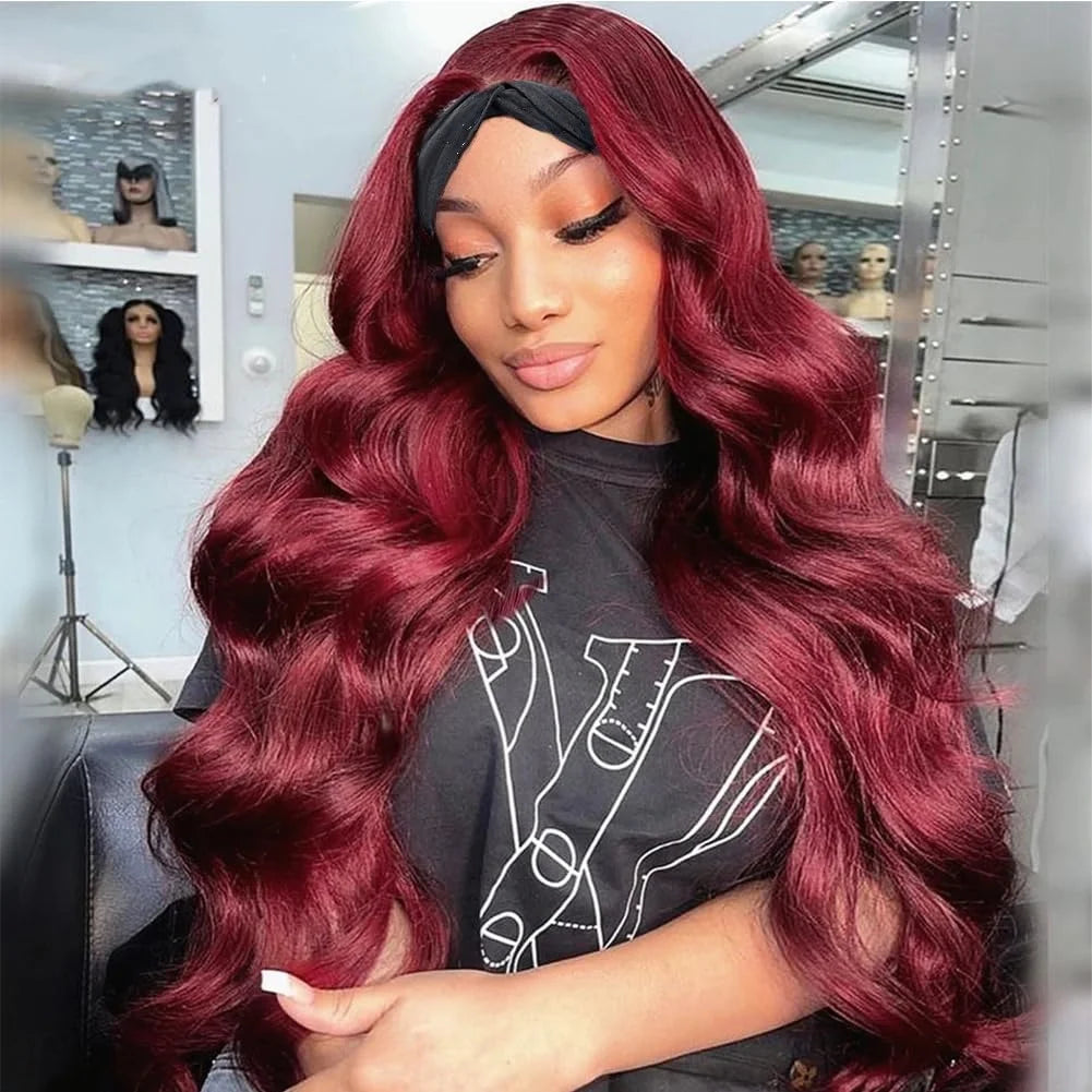 99J Burgundy Headband Wigs Human Hair Body Wave 99J Burgundy Red Wig Glueless Full Machine Made Human Hair Wigs For Women