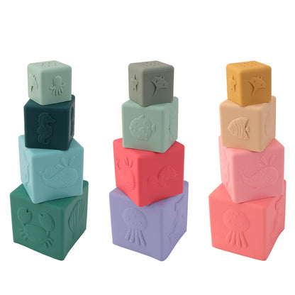 4PCS Silicone Stacking Cups Montessori Toy Square Nesting Bath Toy For Baby Early Education Sensory Development Teether Toy