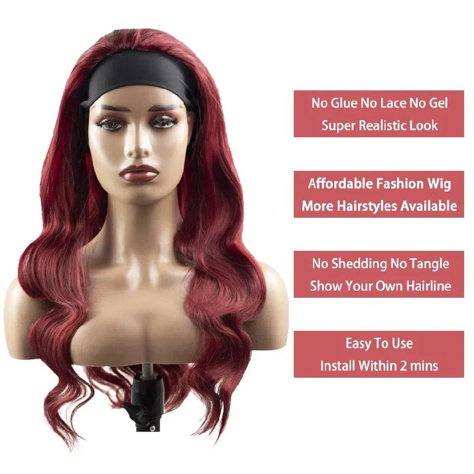 99J Burgundy Headband Wigs Human Hair Body Wave 99J Burgundy Red Wig Glueless Full Machine Made Human Hair Wigs For Women