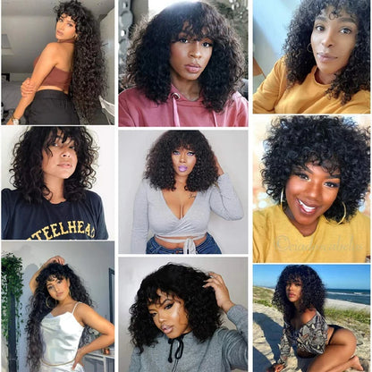 Perruques ondulées en cheveux humains avec frange pour femmes, entièrement fabriquées à la machine, 45 à 81 cm, perruque bouclée profonde, cheveux Remy, couleur naturelle