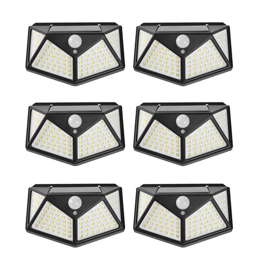 Lot de 1 à 6 lampes murales solaires à 100 LED 1800 mAh, 4 côtés lumineux, avec détecteur de mouvement, éclairage d'extérieur, idéal pour un jardin ou une cour.