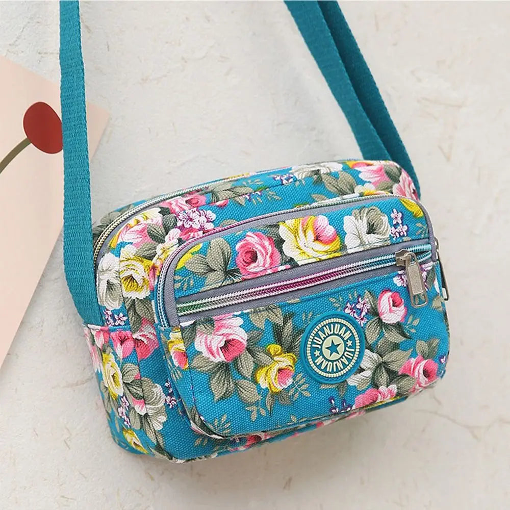 Casual Backpack Messenger Nylon Canvas Cloth Bag Shoulder Multi Layered Floral Print Mother Handbag Women's Crossbody Bag