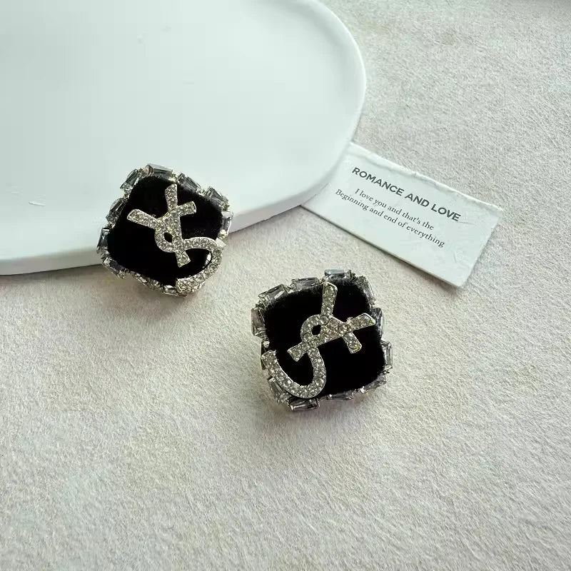 Boucles d'oreilles à tige classiques en strass avec lettres YS pour femmes, boucles d'oreilles tendance en zircon noir de luxe, bijoux de fête de bureau, accessoires cadeaux