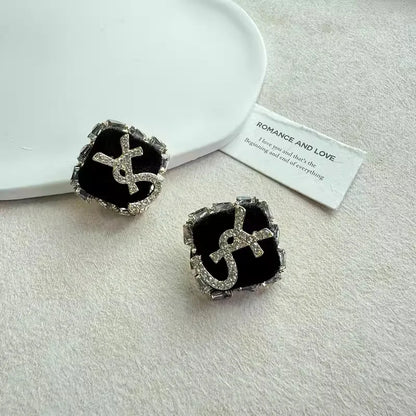 Boucles d'oreilles à tige classiques en strass avec lettres YS pour femmes, boucles d'oreilles tendance en zircon noir de luxe, bijoux de fête de bureau, accessoires cadeaux