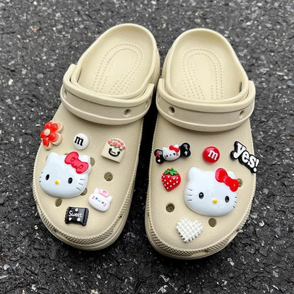 MINISO INS Black & White Series Hello Kitty Cat & Fish Shoe Charms Accessories Women Sandals Decorative Buckle Party Gifts ﻿