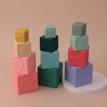 4PCS Silicone Stacking Cups Montessori Toy Square Nesting Bath Toy For Baby Early Education Sensory Development Teether Toy