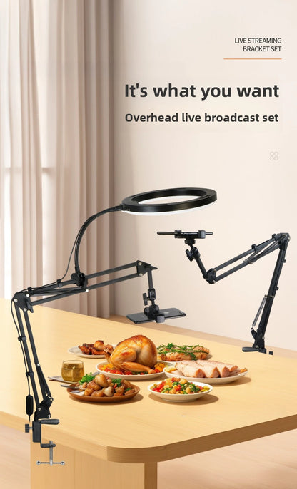 Phone Live Streaming Stand Desktop Multifunctional Overhead Shooting  Floor Tripod with Fill Light for Selfie and Video Shooting