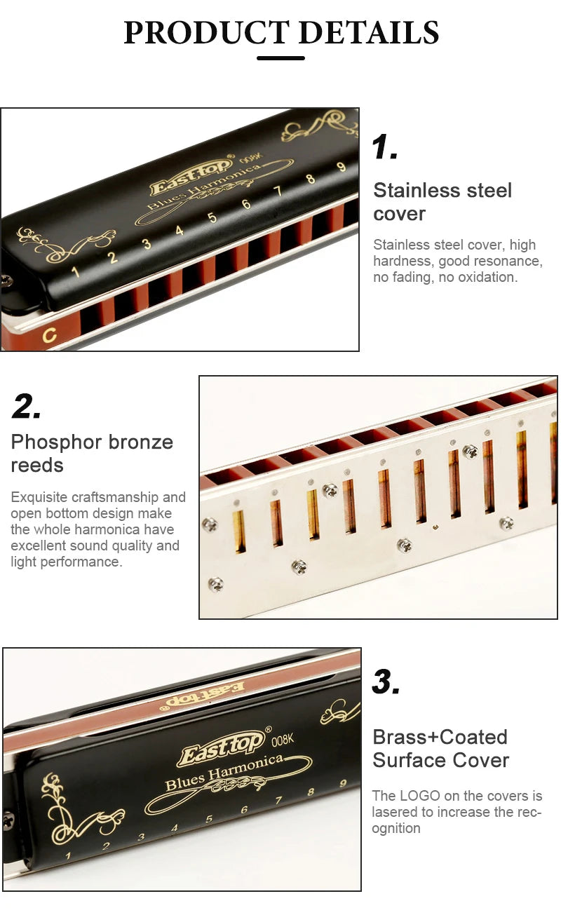 EASTTOP T008K key of C New blue color harmonica brass reedplates phosphor bronze reeds diatonic blues harp good harmonica