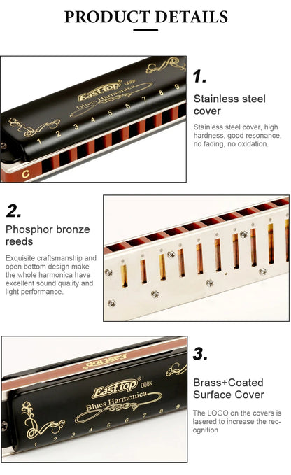 EASTTOP T008K key of C New blue color harmonica brass reedplates phosphor bronze reeds diatonic blues harp good harmonica