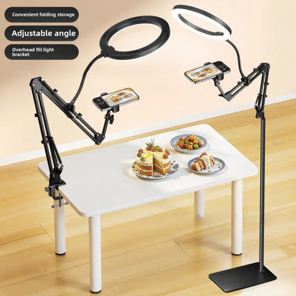 Phone Live Streaming Stand Desktop Multifunctional Overhead Shooting  Floor Tripod with Fill Light for Selfie and Video Shooting