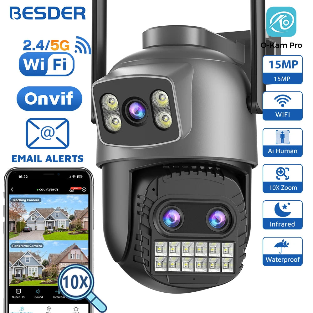 BESDER 12MP Wifi Camera Outdoor Dual Screen 10X Digital Zoom CCTV Video Surveillance Cam PTZ 15MP Security IP Camera O-Kam Pro