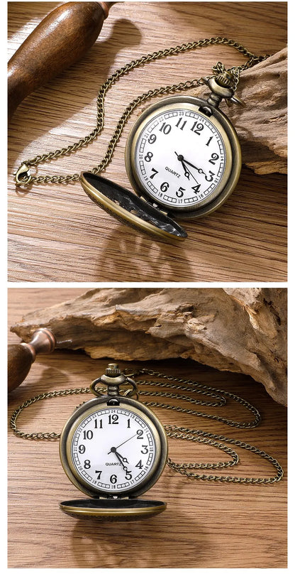Antique Steampunk Vintage Roman Numerals Quartz Pocket Watch Bronze Case Necklace Pendant Clock Chain Mens Women
